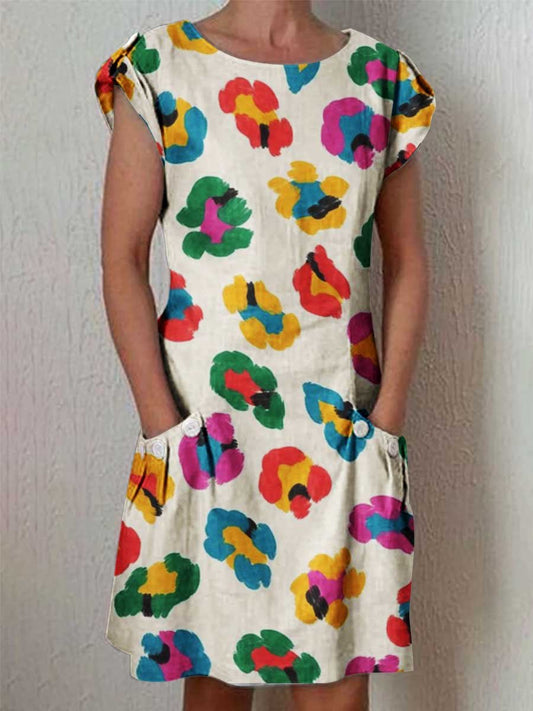 Women's Art Colorful Floral Pattern Round Neck Cotton and Linen Dress