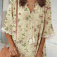 Women's Elegant Rose Floral Print V-Neck Strappy Raw Edge Cotton And Linen Dress