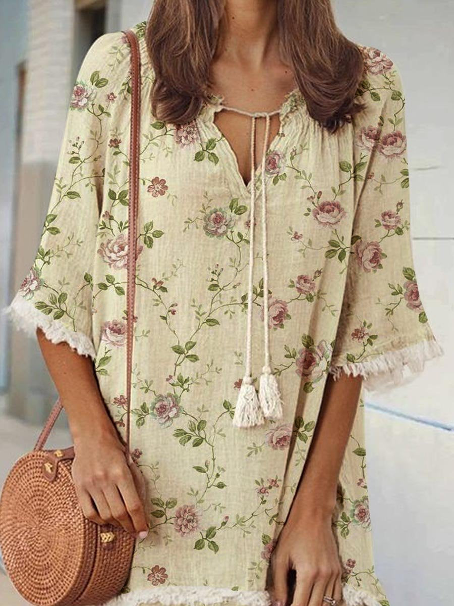 Women's Elegant Rose Floral Print V-Neck Strappy Raw Edge Cotton And Linen Dress