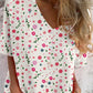 Women's Foral Pattern V-neck Shirt Style Cotton And Linen Top