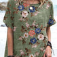 Women's Elegant Vintage Floral Print Cotton and Linen Top