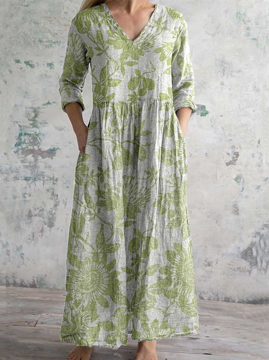 Women's Elegant Floral Pattern V-Neck Cotton Dress