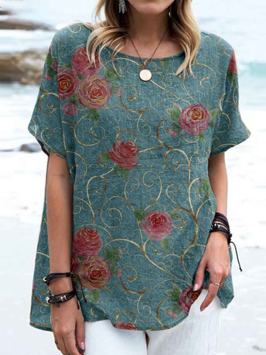 Women's Elegant Simple Decorative  Rose Floral Pattern Round Neck Cotton and Linen Top