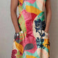 Women's Art Geometric Floral Pattern Round Neck Cotton and Linen Dress