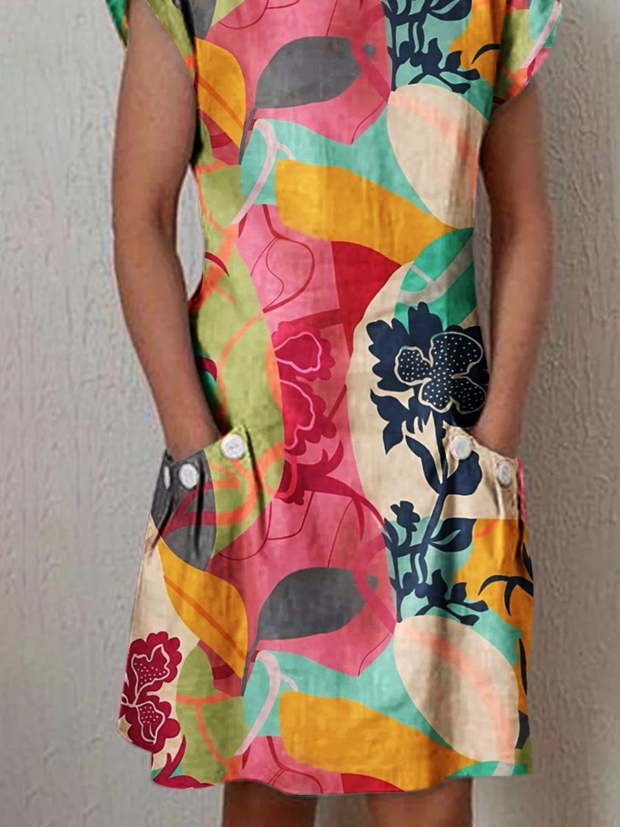 Women's Art Geometric Floral Pattern Round Neck Cotton and Linen Dress