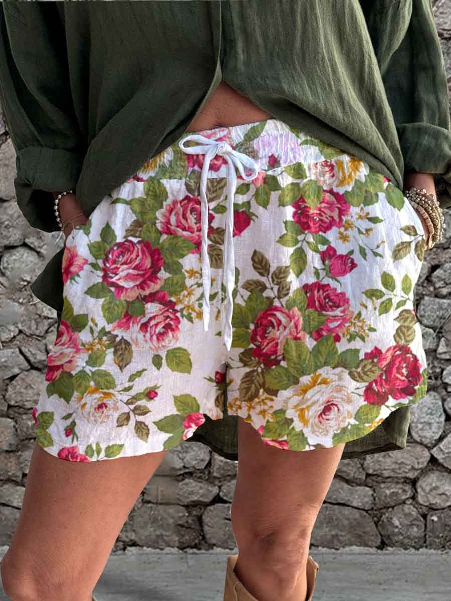 Women's Summer Elegant Simple Rose Floral Linen Strappy Shorts