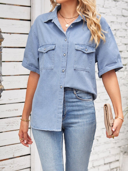 Women's Single Breasted Short Sleeve Denim Shirt