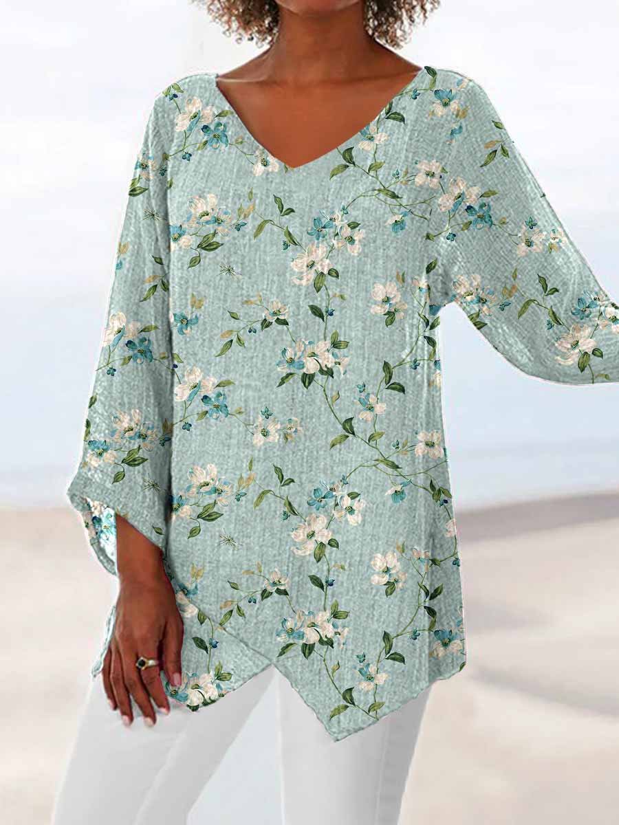 Women's V-neck Elegant Floral Cotton and Linen Top