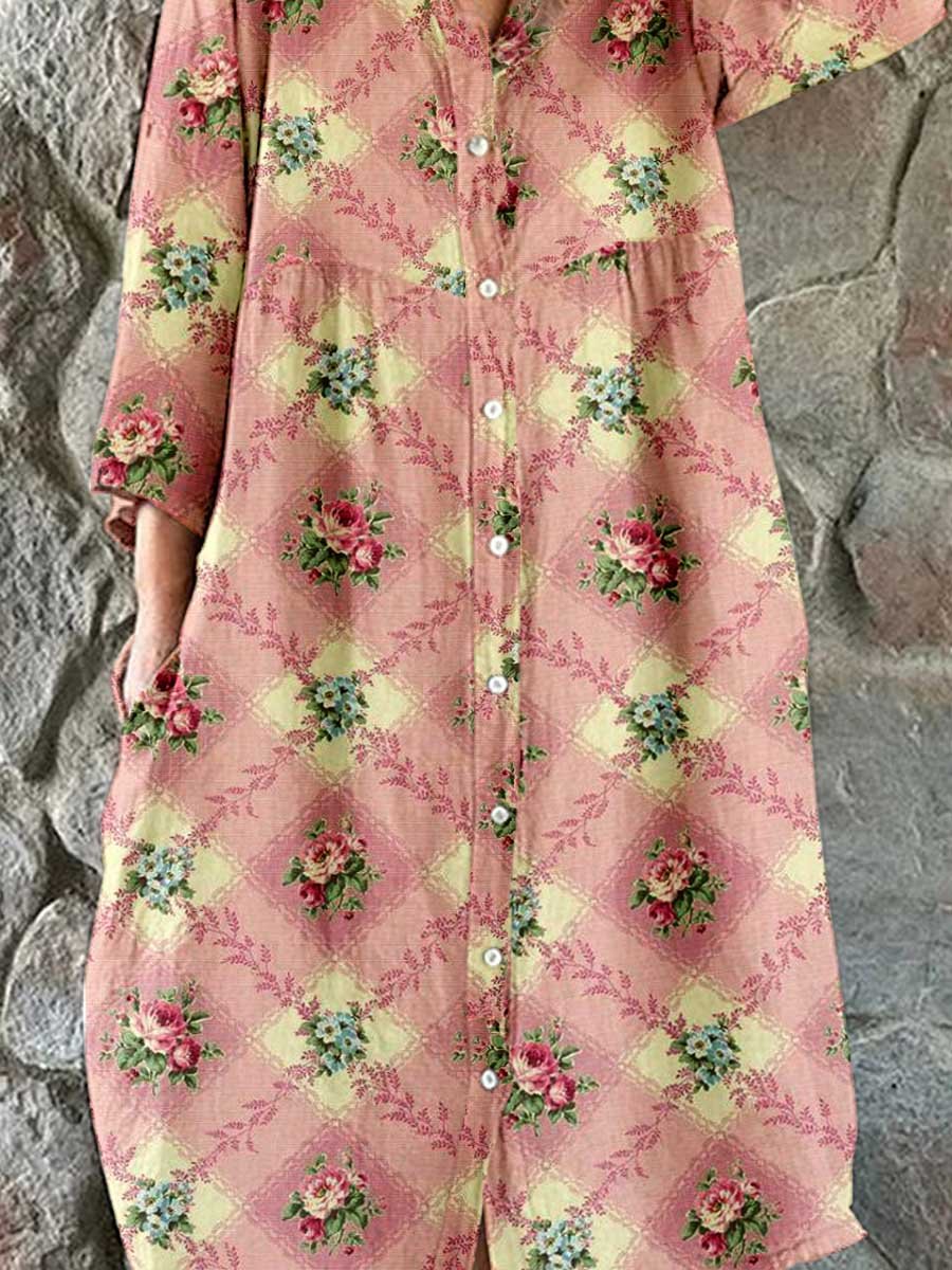 Women's Floral Art Print Cotton and Linen Shirt Dress