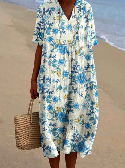 Women's Seaside Vacation Elegant Floral Pattern V-Neck Cotton and Linen Dress