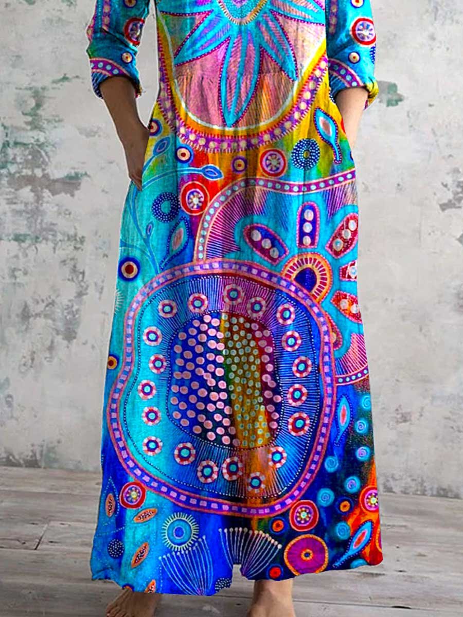 Women's V-Neck Colorful Bohemian Geometric Pattern Cotton And Linen Dress With Pockets