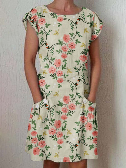 Women's Elegant Floral Pattern Crew Neck Dress