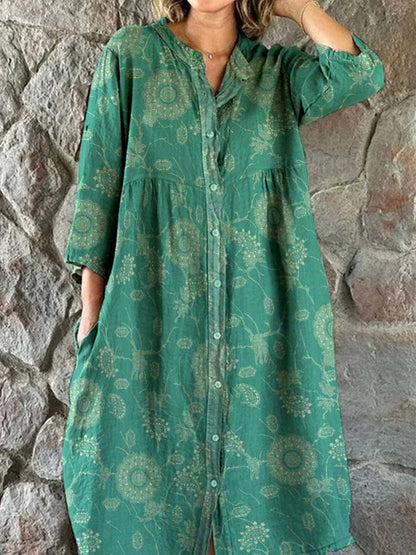 Women's Elegant Simple Shirt Style Cotton and Linen Dress with Decorative Floral Print