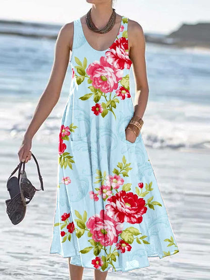 Women's Floral Print Resort Tank Top Dress with Pockets