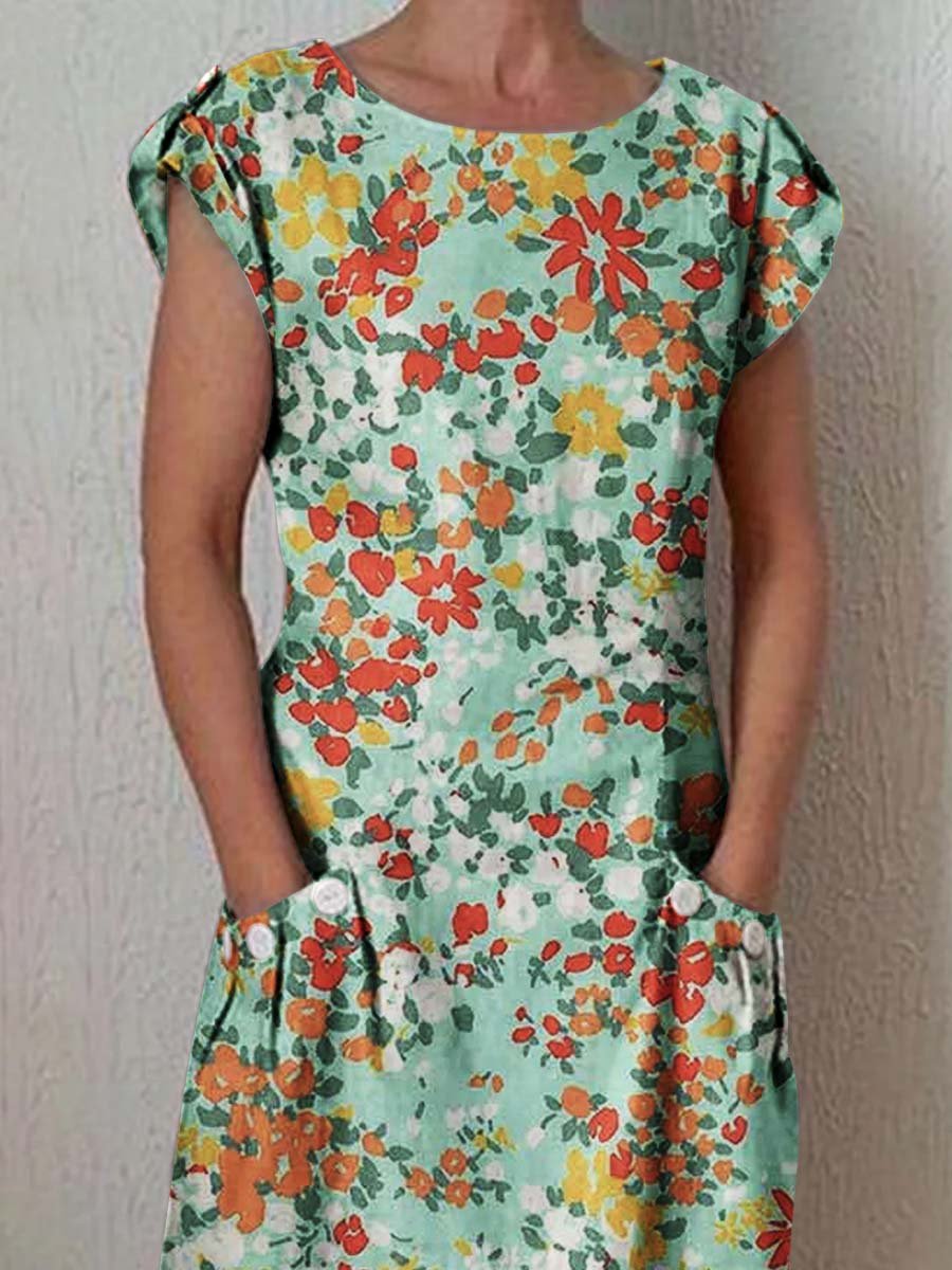 Women's Elegant Floral Pattern Crew Neck Dress