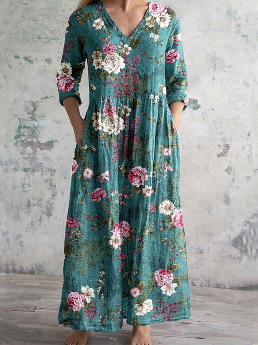 Women's Elegant Rose Floral Print V-Neck Cotton and Linen Dress with Pockets