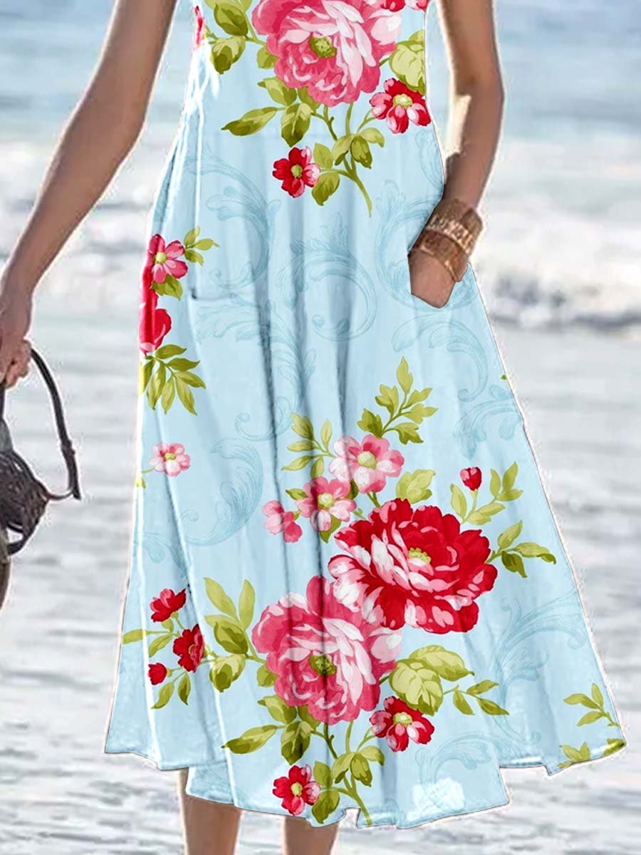 Women's Floral Print Resort Tank Top Dress with Pockets