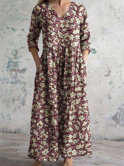 Women's Elegant Vintage Floral Pattern Cotton Dress With Pockets