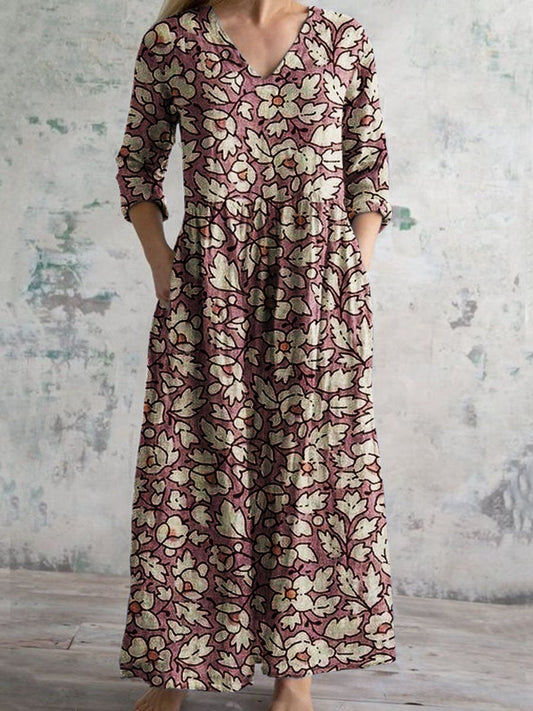 Women's Elegant Vintage Floral Pattern Cotton Dress With Pockets