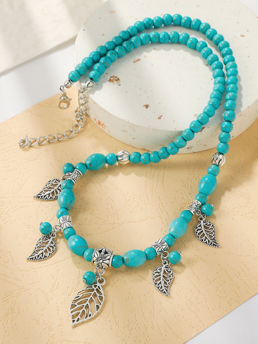 Retro Turquoise Jewelry Bohemian Ethnic Style Turquoise Leaf Necklace for Women