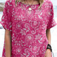 Women's Elegant Simple Decorative Floral Pattern Round Neck Cotton and Linen Top