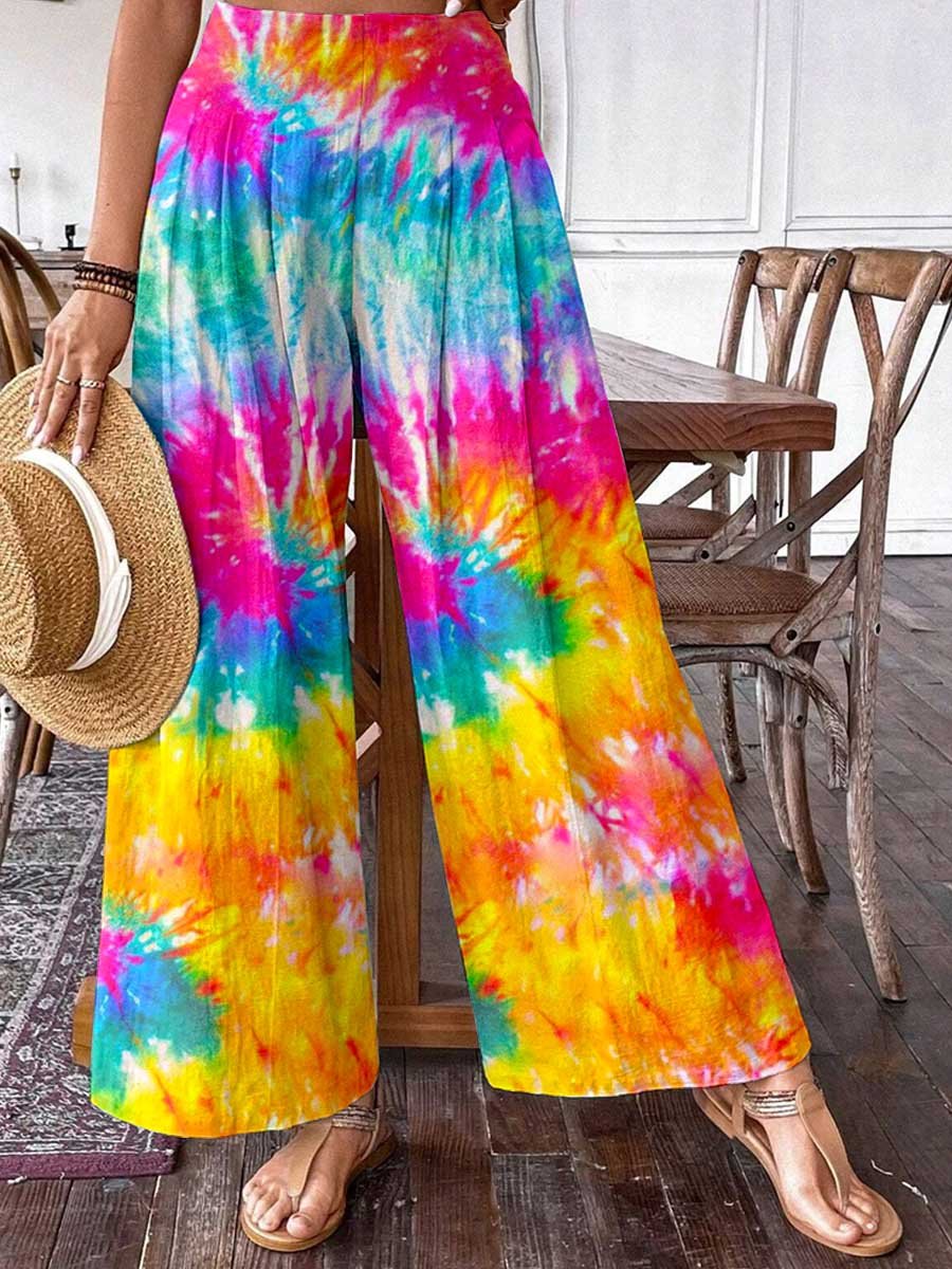 Women's Rainbow Tie Dye Print Graphic Cotton Wide Leg Pants