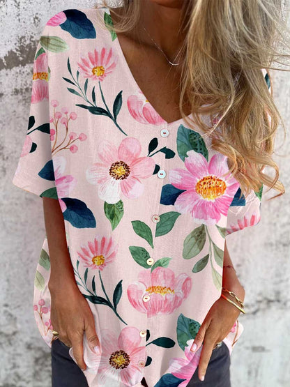 Women's Elegant Floral Pattern V-Neck Shirt Style Cotton and Linen Top