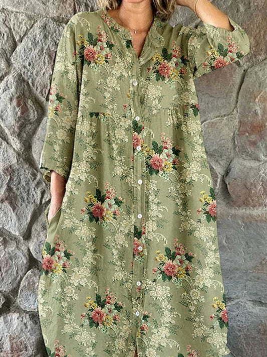 Women's Elegant  Rose Floral Pattern Shirt Style Cotton and Linen Dress