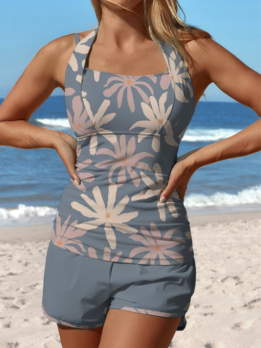 Grey Blue Line Flower Print Halter Patchwork Mid Waisted Tankini Short Set Swimsuit