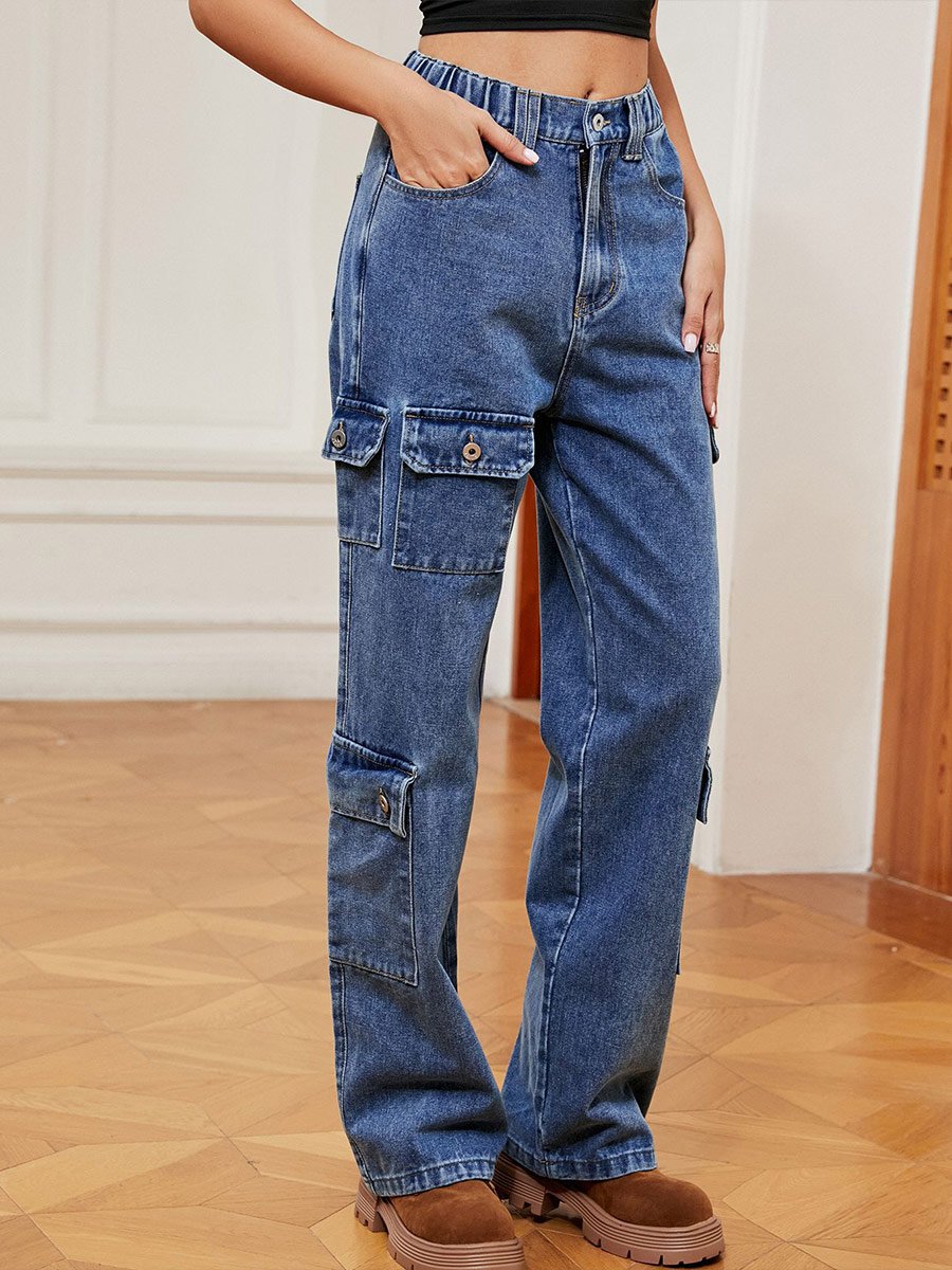 Women's Distressed Multi-Pocket Denim Cargo Pants