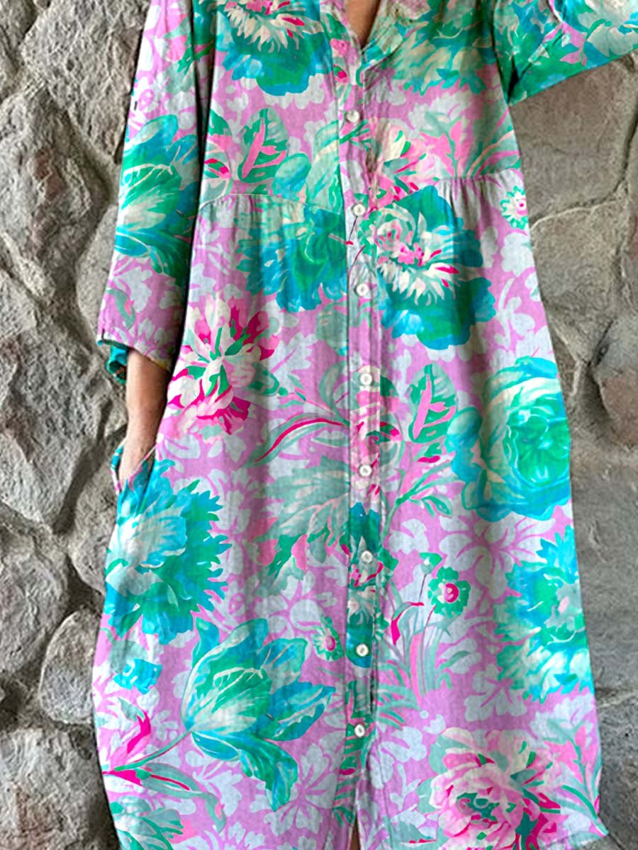 Women's Rose Floral Print Elegant Simple Shirt Cotton and Linen Dress