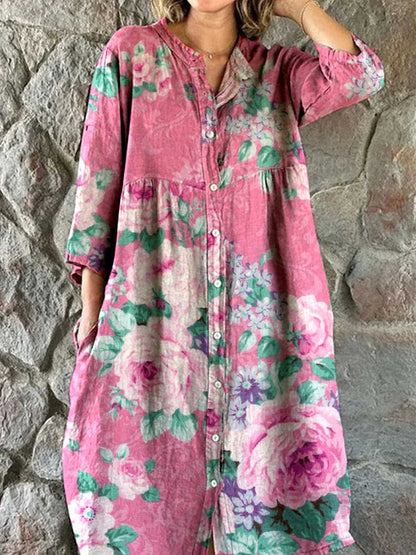 Women's Rose Floral Print Elegant Simple Shirt Cotton and Linen Dress