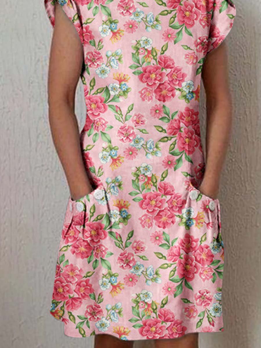 Women's Elegant Rose Floral Cotton and Linen Dress