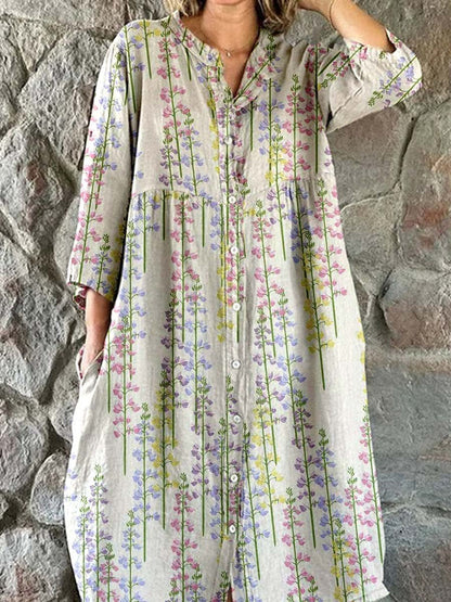 Women's Elegant Floral Pattern Shirt Style Cotton and Linen Dress