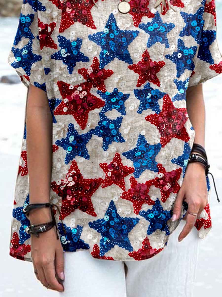 Women's Independence Day Star Print Pattern Cotton and Linen Top