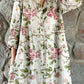 Women's Elegant Simple Rose Floral Stripe Pattern Cotton and Linen Shirt Dress