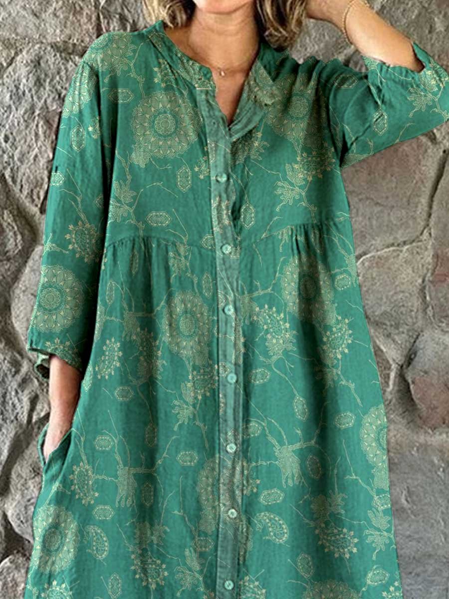 Women's Elegant Simple Shirt Style Cotton and Linen Dress with Decorative Floral Print