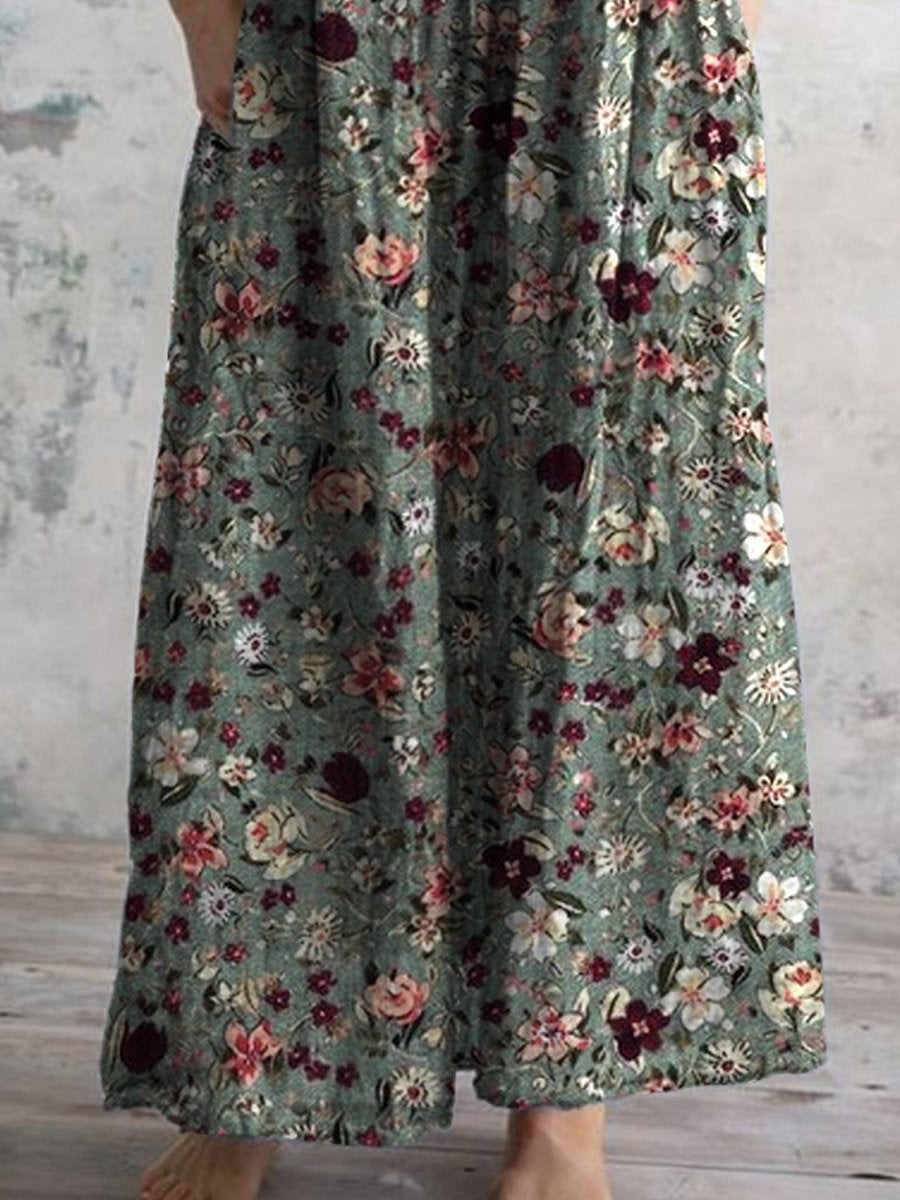 Women's Elegant Vintage Floral Pattern Cotton Dress With Pockets