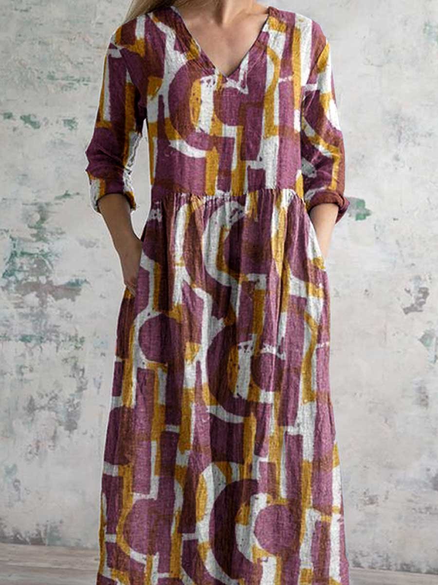 Women's Art Geometric Pattern V-Neck Cotton Dress