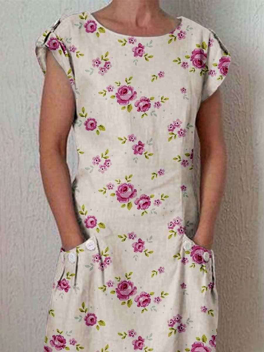 Women's Elegant Floral Pattern Crew Neck Dress