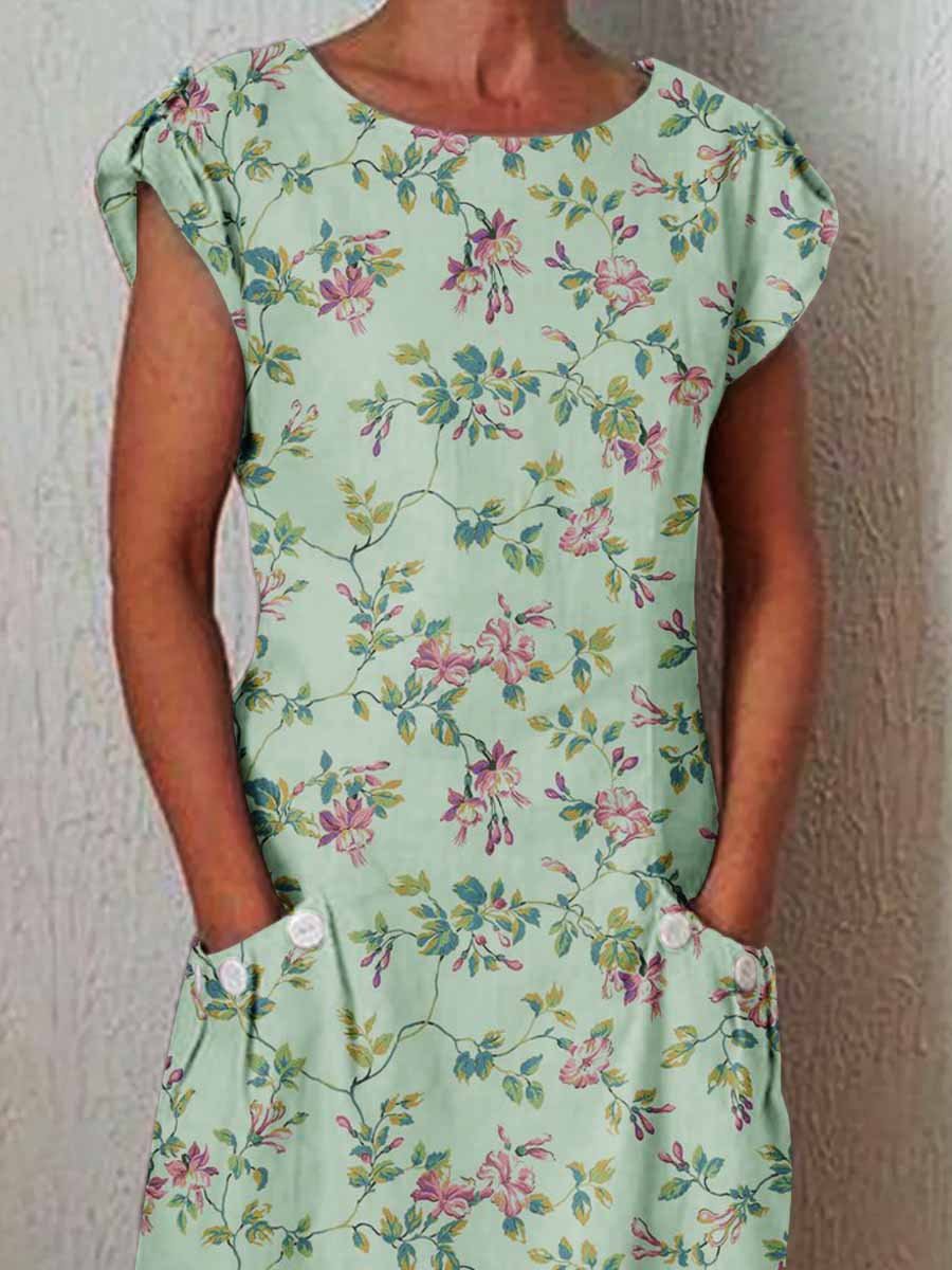 Women's Elegant Rose  Rose Floral Pattern Cotton and Linen Dress with Pockets