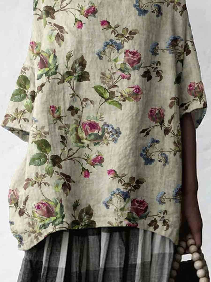 Women's Elegant Floral Pattern Cotton and Linen Top