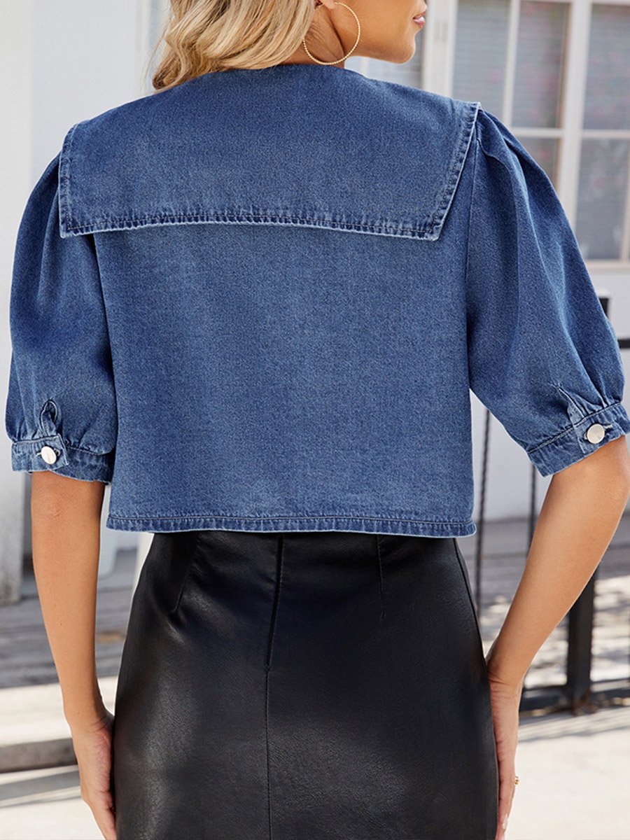 Women's Distressed Navy Neck Denim Jacket Top