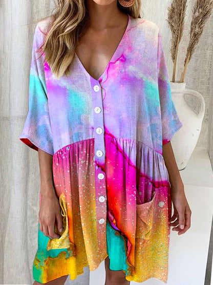 Women's Summer Rainbow Color Gradient Printed Cotton and Linen Dress