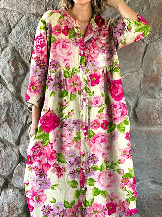 Women's Elegant Floral Pattern Cotton and Linen Dress with Pockets