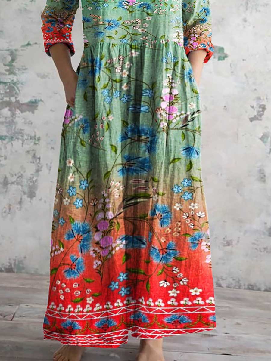 Women's Art Rainbow Floral Print V-Neck Cotton and Linen Dress