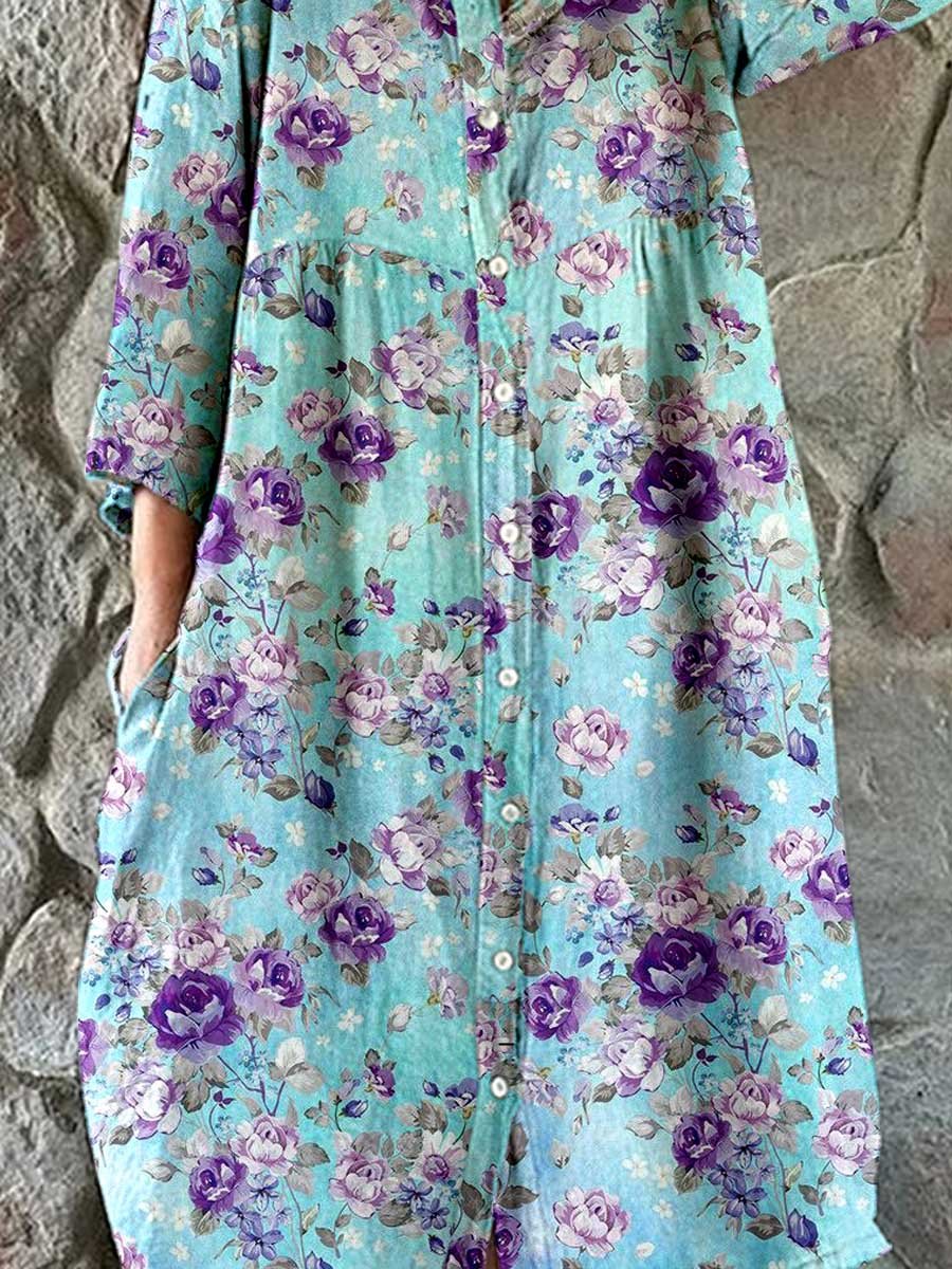 Women's Elegant Floral Pattern Shirt Style Cotton and Linen Dress