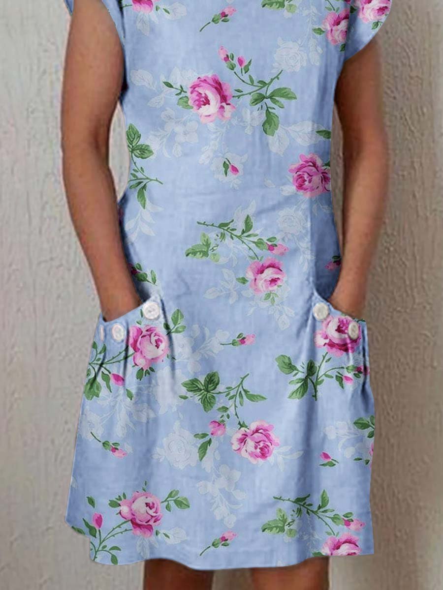 Women's Elegant  Rose Floral Cotton and Linen Dress