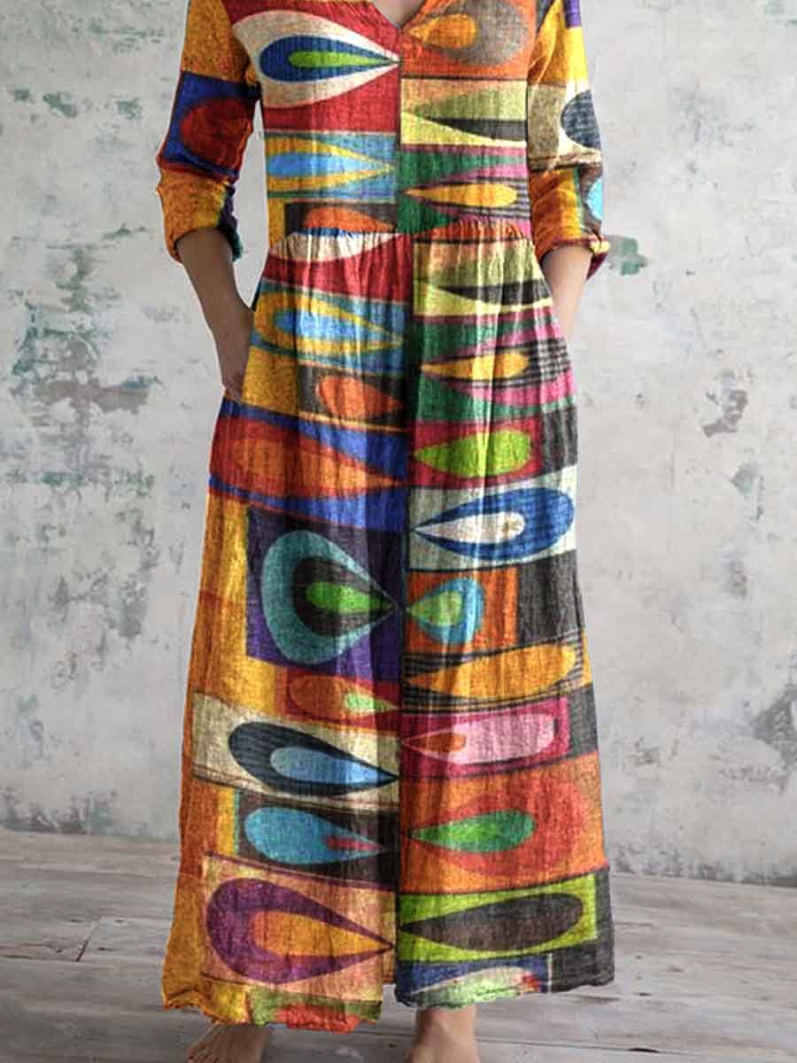 Women's Retro Elegant Art Geometric Pattern Cotton and Linen Dress with Pockets