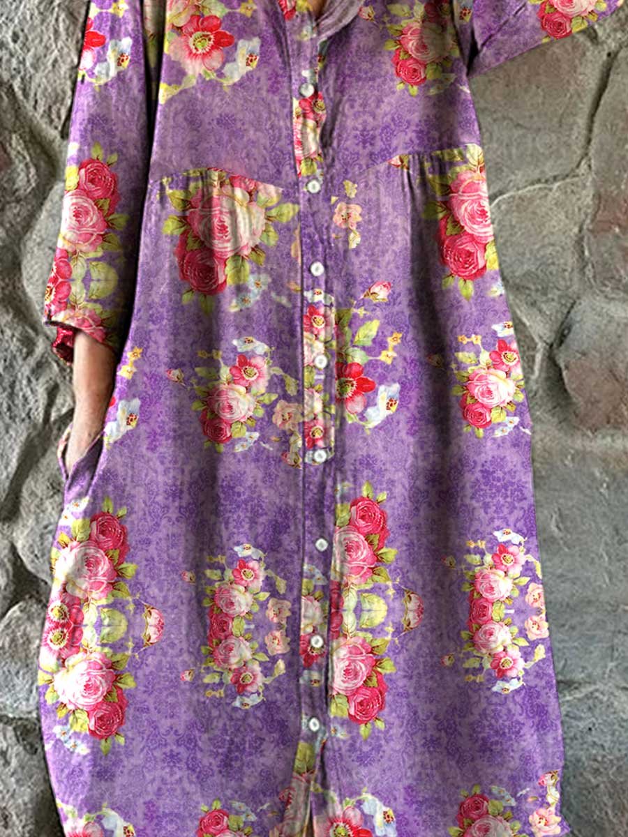 Women's Rose Floral Print Elegant Simple Shirt Cotton and Linen Dress